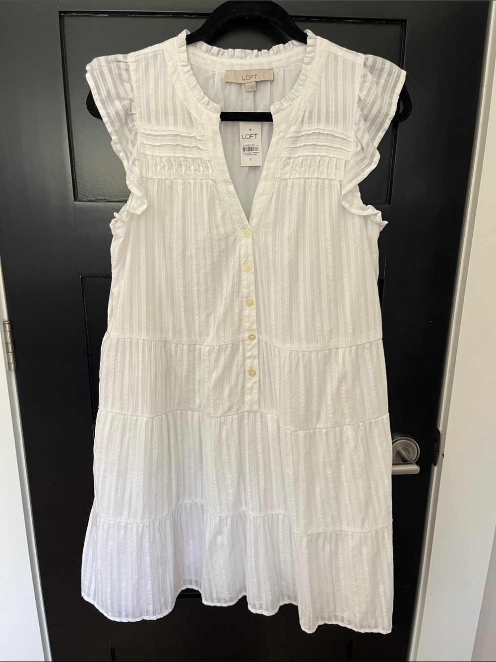 NWT Size Small LOFT White Tiered Ruffle Cap Sleeve Button Dress